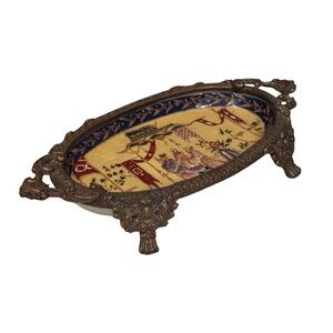 Antique Wong Lee Hand Painted Brass and Porcelain Footed Dish